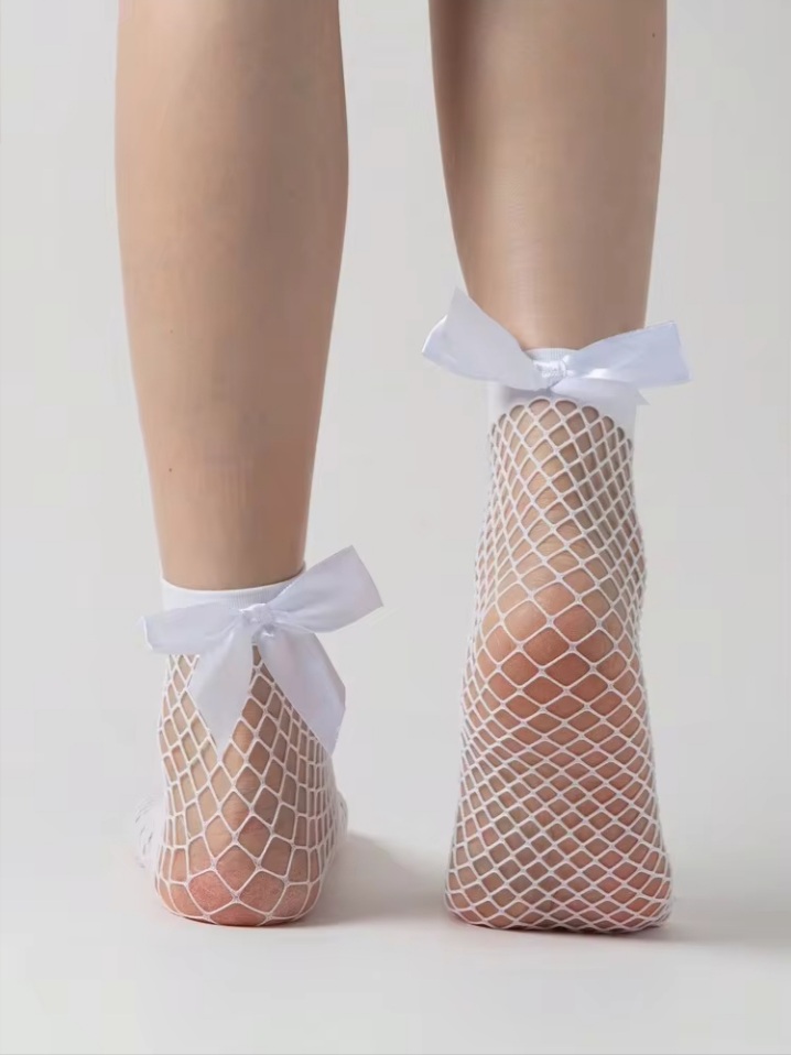 Women’s White Fishnet Ankle Socks with Satin Ribbon Bow – Sheer Stretch Mesh Dress Socks